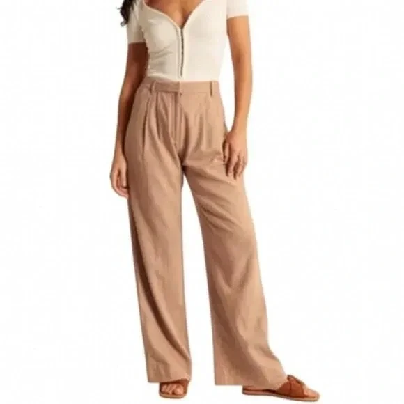 Abercrombie NEW Linen-Blend Sloane Wide Leg Pants Womens XS Reg Quiet Luxury - Picture 1 of 9